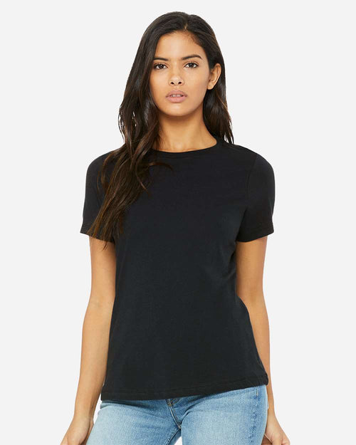 BELLA+CANVAS 6400 Women's Relaxed Jersey Tee in Vintage Black worn by a model