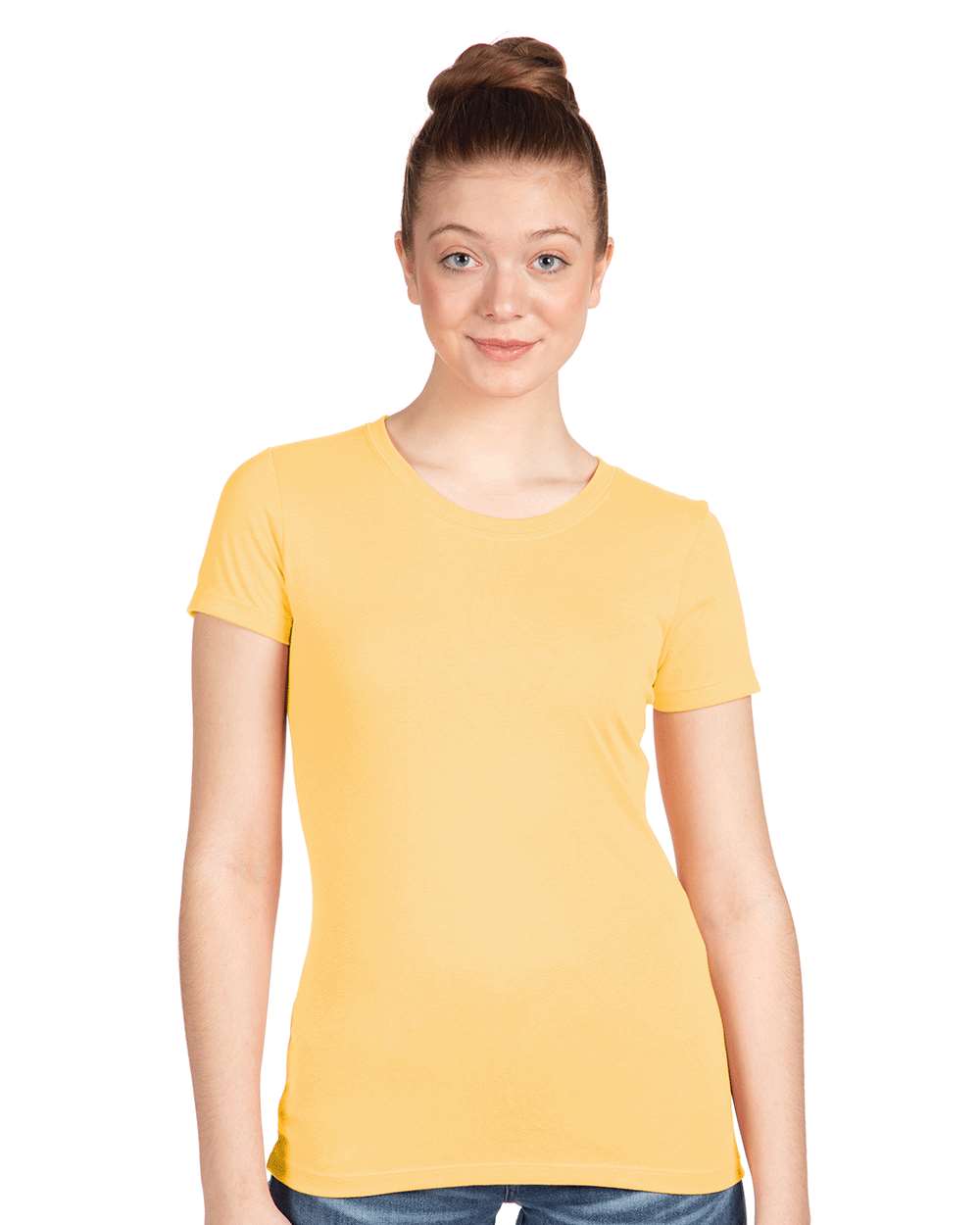 Next Level 1510 Women's Ideal T-Shirt in Banana Cream worn by a model