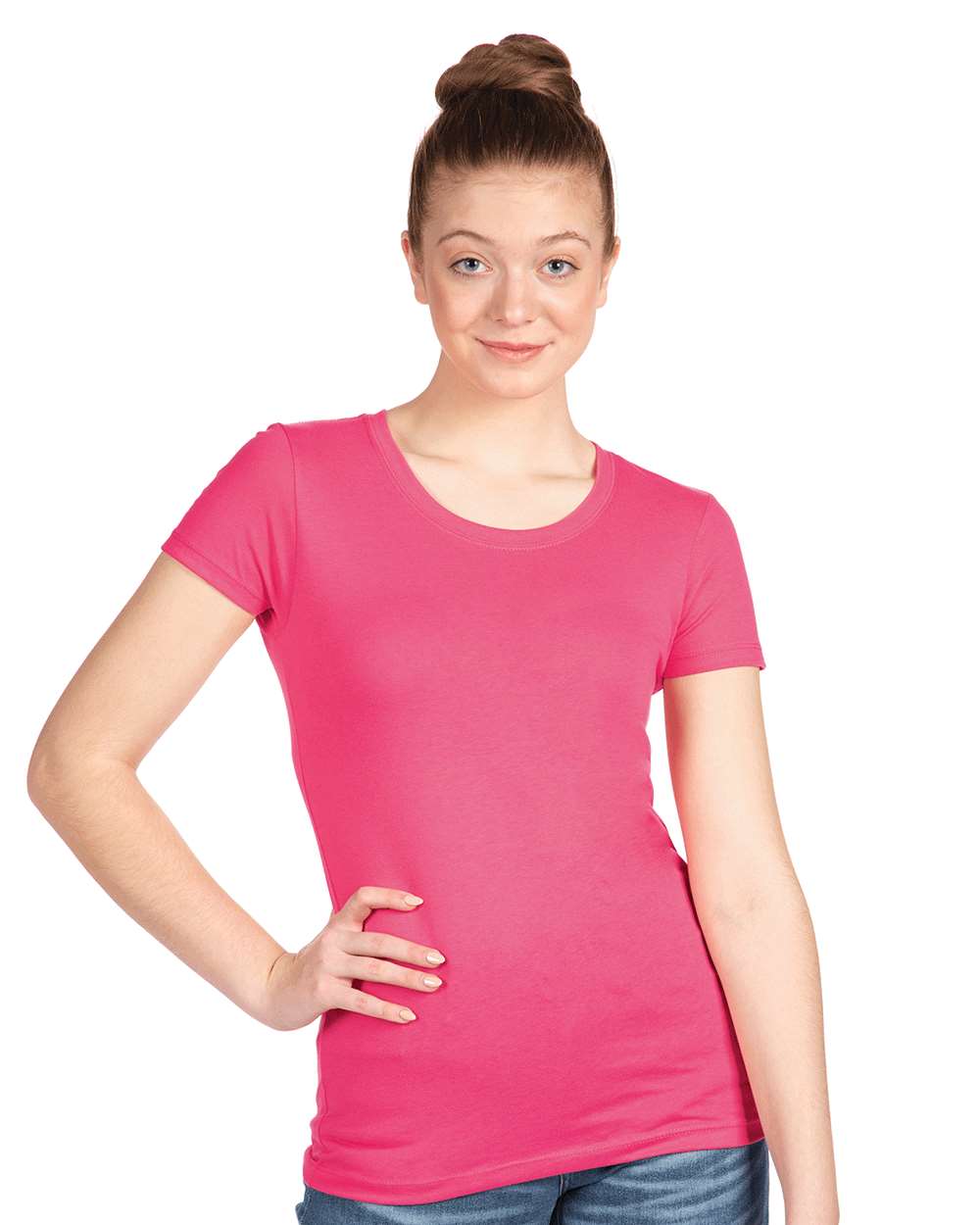 Next Level 1510 Women's Ideal T-Shirt in Hot Pink worn by a model