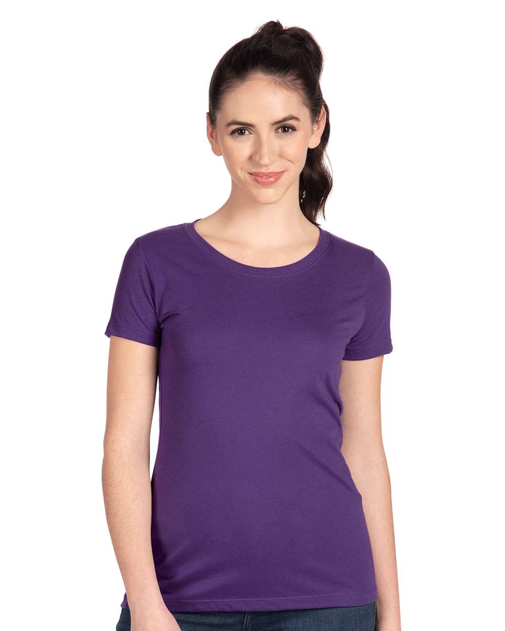 Next Level 1510 Women's Ideal T-Shirt in Purple Rush worn by a model