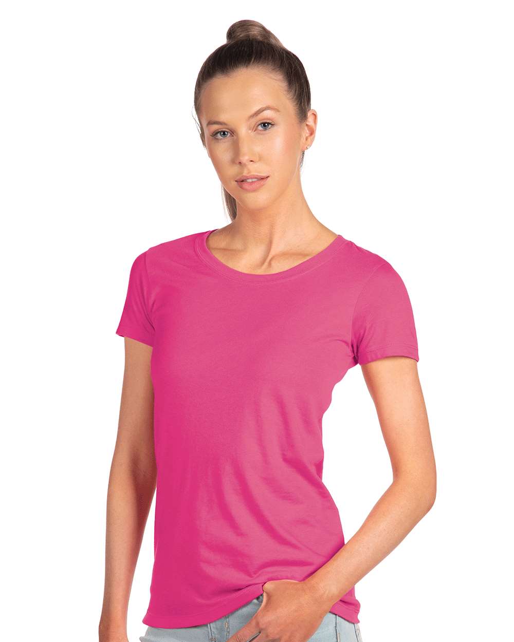 Next Level 1510 Women's Ideal T-Shirt in Raspberry worn by a model