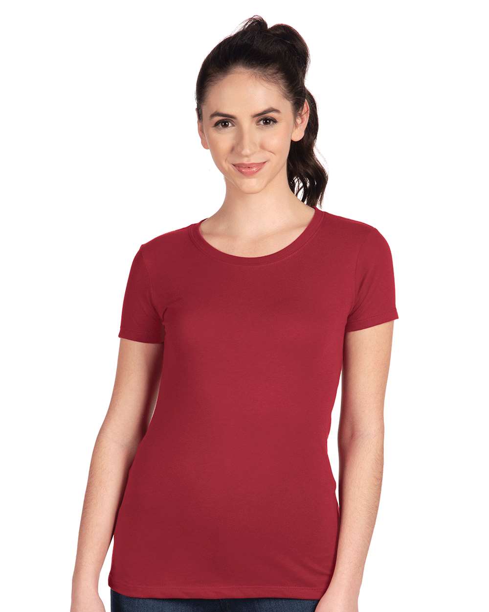 Next Level 1510 Women's Ideal T-Shirt in Cardinal worn by a model
