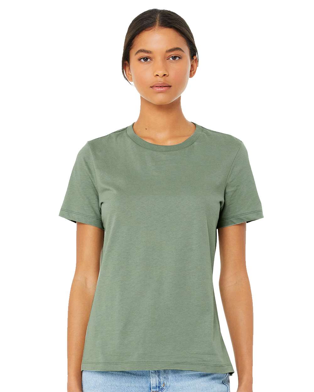 BELLA+CANVAS 6400 Women's Relaxed Jersey Tee in Sage worn by a model