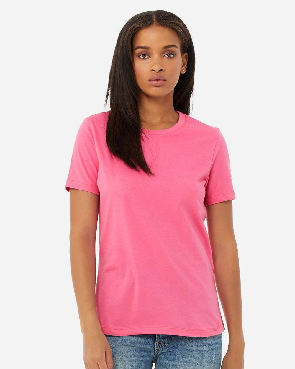BELLA+CANVAS 6400 Women's Relaxed Jersey Tee in Charity Pink worn by a model