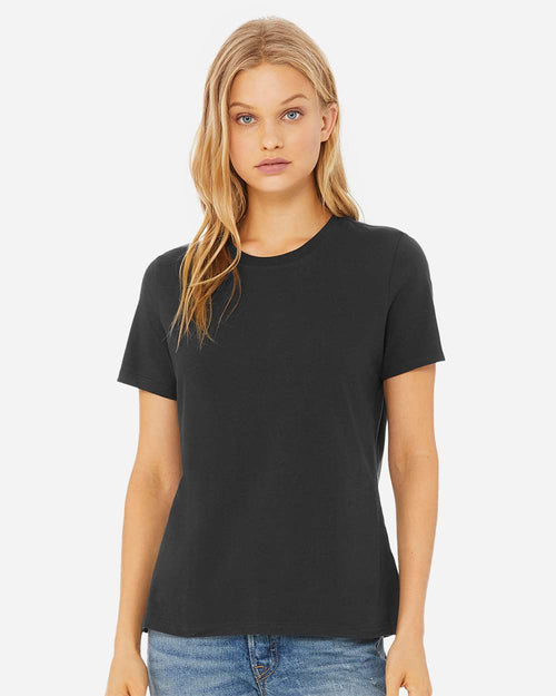 BELLA+CANVAS 6400 Women's Relaxed Jersey Tee in Dark Grey worn by a model