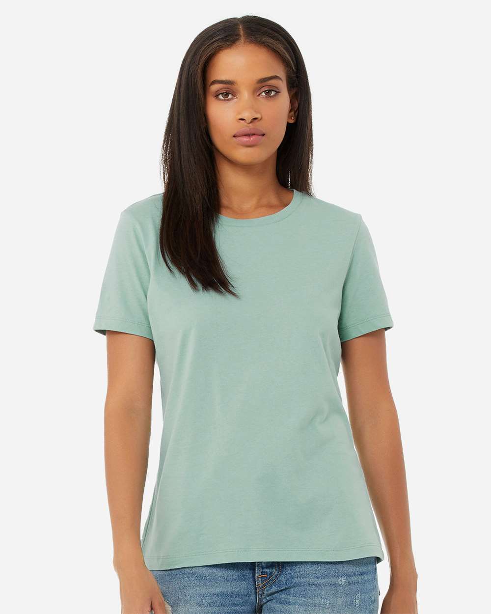 BELLA+CANVAS 6400 Women's Relaxed Jersey Tee in Dusty Blue worn by a model