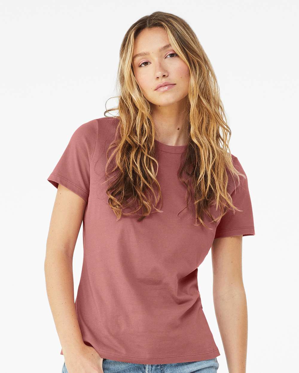 BELLA+CANVAS 6400 Women's Relaxed Jersey Tee in Mauve worn by a model