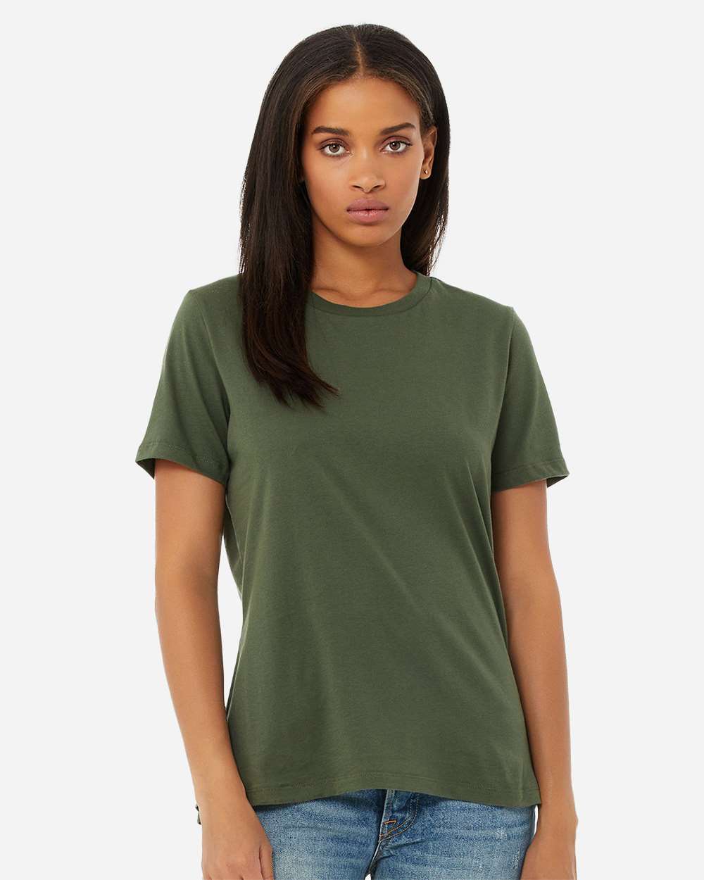 BELLA+CANVAS 6400 Women's Relaxed Jersey Tee in Military Green worn by a model