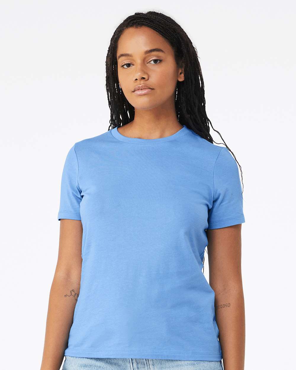 BELLA+CANVAS 6400 Women's Relaxed Jersey Tee in Carolina Blue worn by a model