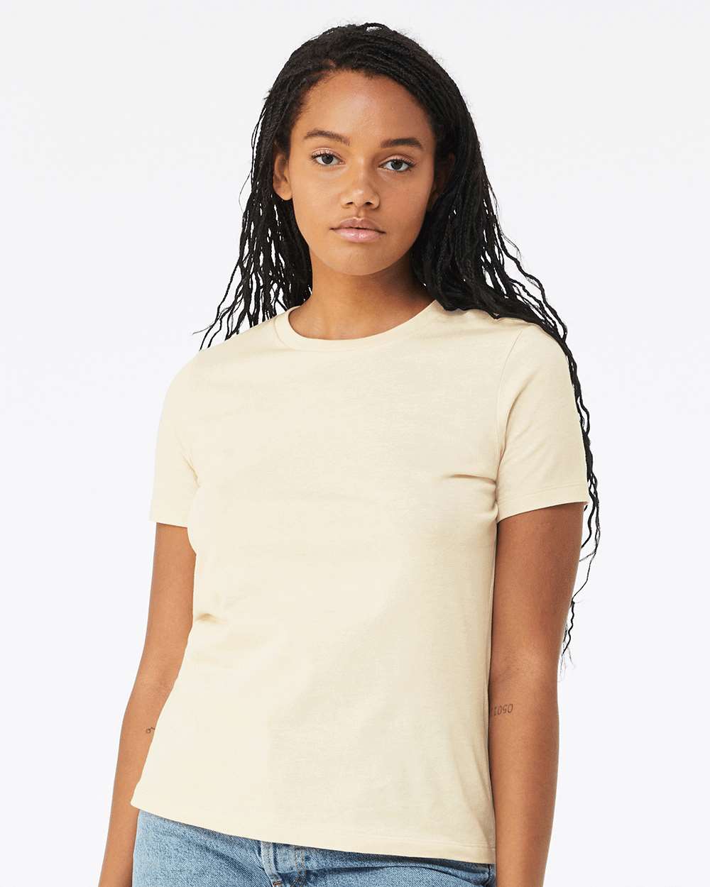 BELLA+CANVAS 6400 Women's Relaxed Jersey Tee in Natural worn by a model