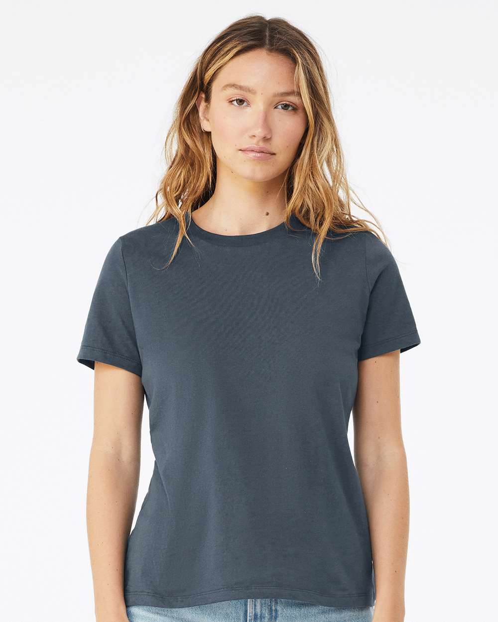 BELLA+CANVAS 6400 Women's Relaxed Jersey Tee in Vintage Navy worn by a model