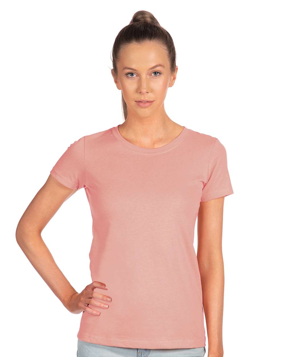 Next Level 1510 Women's Ideal T-Shirt in Desert Pink worn by a model
